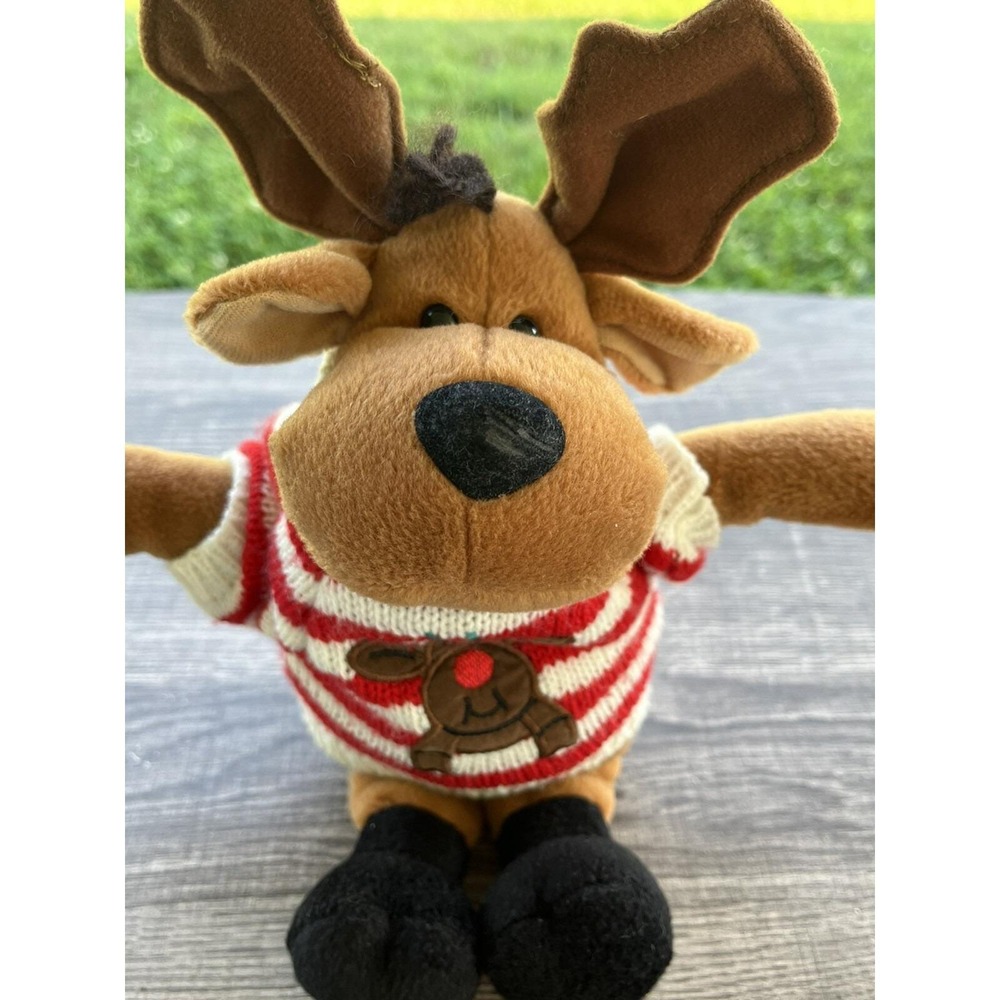 WOOLSEY MOOSE Reindeer Christmas Plush 1996 Ganz Bean Bag Body STRIPED SWEATER